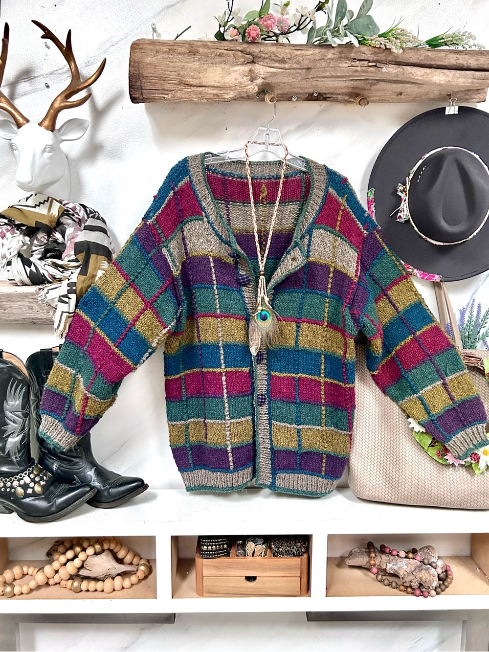 Artisan patchwork Knit Cardigan Sweater Teal, Magenta, Olive, Purple cabin vibe